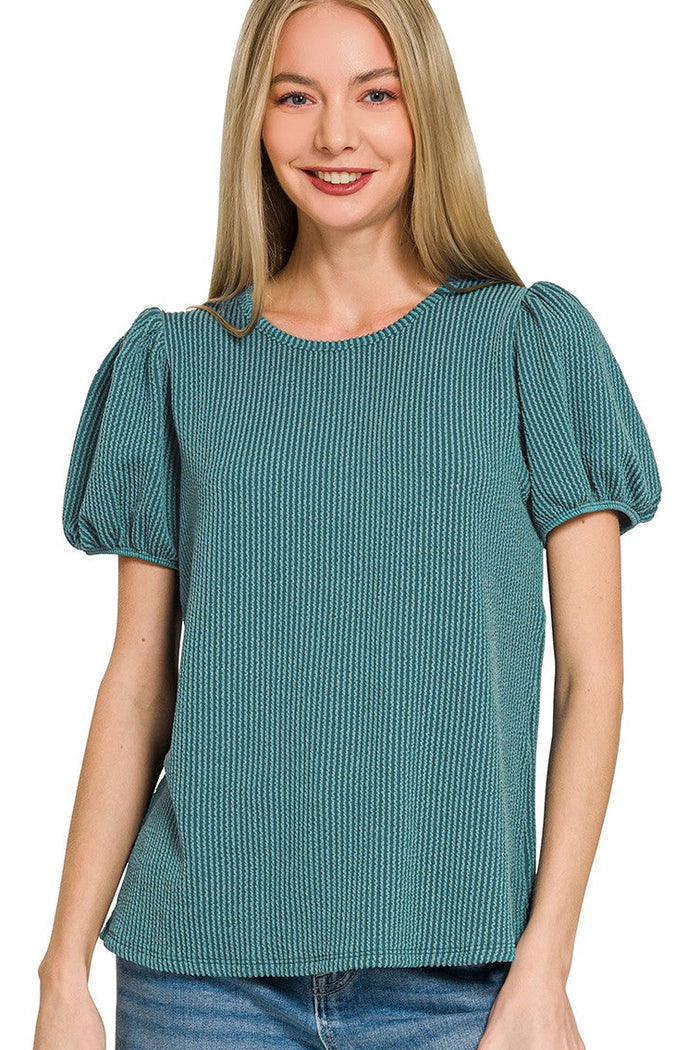 Teal ribbed knit T-shirt with puff sleeves and crew neck