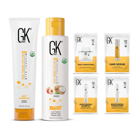 The Best Coco Keratin Hair Kit Sample: 100 ml pH+ Shampoo, Coco The Best, Deep Conditioner, Serum, shampoo, conditioner sachets