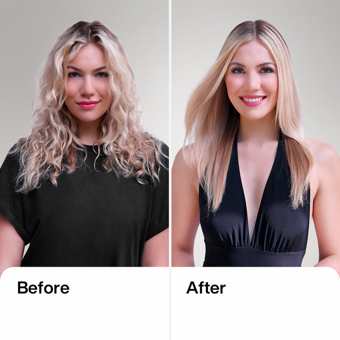The Best Keratin Professional Hair Kit before and after: curly frizzy blonde hair left, sleek straight blonde hair right