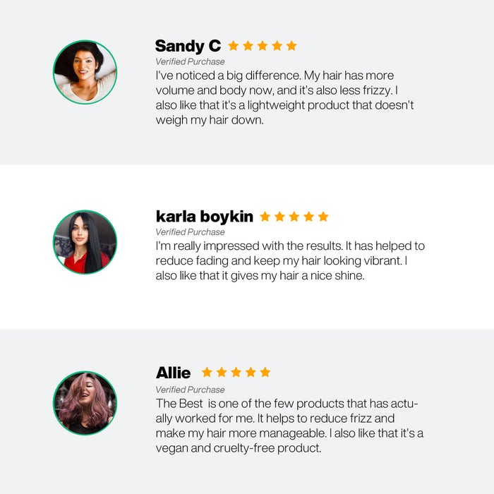 Five-star reviews of The Best Keratin Professional Hair Kit by Sandy C, karla boykin and Allie: volume, shine, less fading