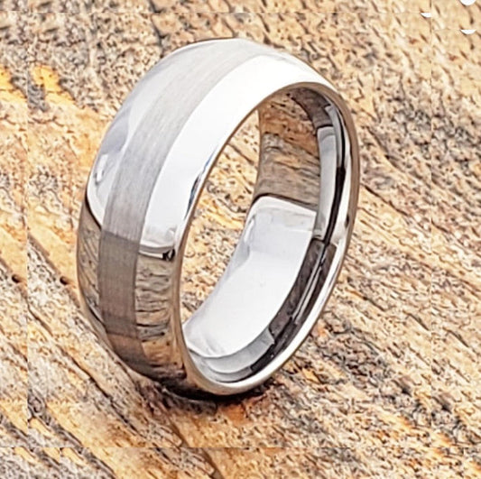 Silver Tungsten Carbide Ring with Satin Finish and Polished Edges on Wooden Background