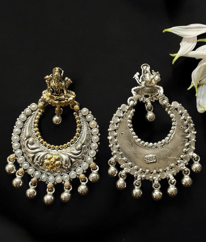 The Krutika Silver Nakshi Chandbali Earrings (2 tone)
