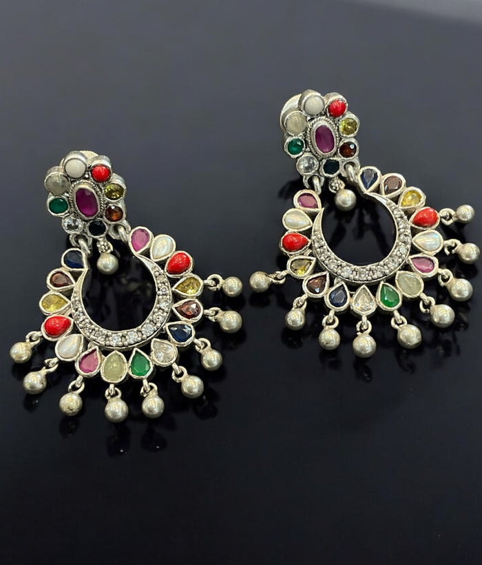 The Meghana Silver Navaratna Chand Bali (Oxidised)