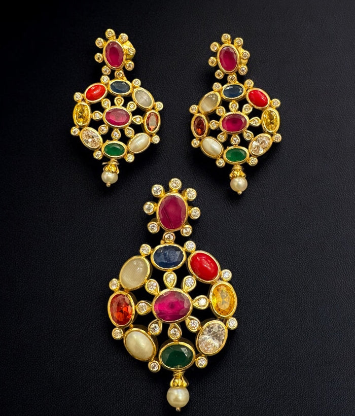 The Payal Silver Navratna Pendant & Earrings