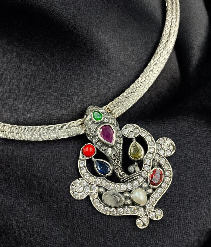 The Vakratunda Silver Navarathna Ganesha Pendant (Oxidised)
