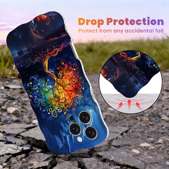 Trendy wavy dark blue iPhone case featuring an intricate, colorful rainbow tree of life illustration beneath a subtle fantasy castle silhouette with a high-gloss finish.