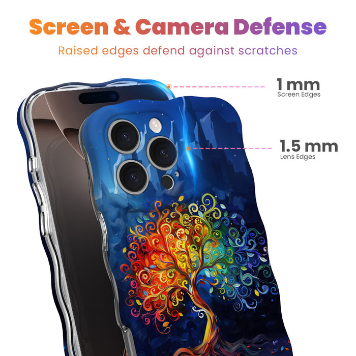 Trendy wavy dark blue iPhone case featuring an intricate, colorful rainbow tree of life illustration beneath a subtle fantasy castle silhouette with a high-gloss finish.