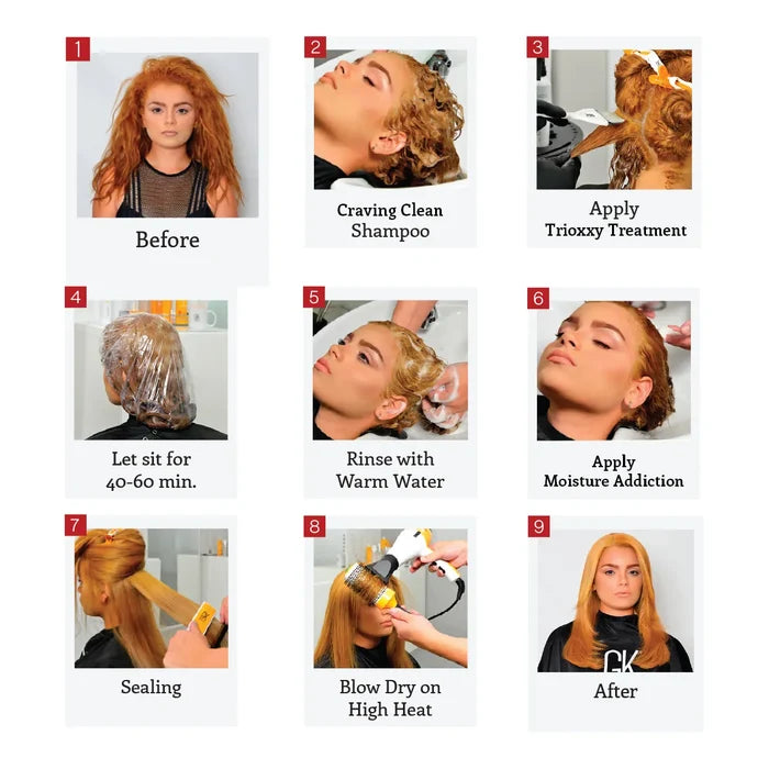 9 steps: Before, Craving Clean Shampoo, Trioxxy Treatment, sit 40-60 min, rinse warm, Moisture Addiction, Sealing, blow dry high heat, After