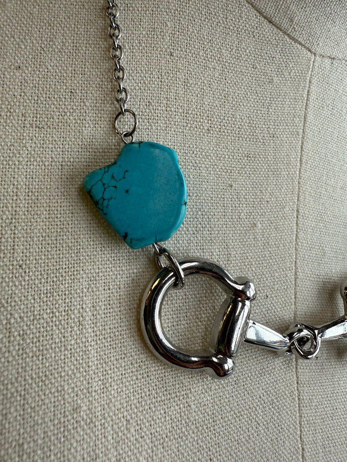Turquoise chunk snaffle bit necklace with silver-tone ring clasp and chain