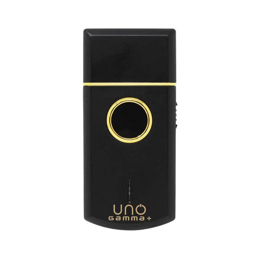 “Black Uno single-foil shaver with gold titanium foil and protective cap.”
