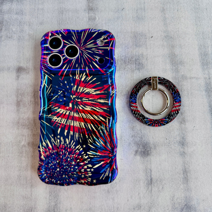 USA Fireworks patriotic pattern MagSafe phone grip ring with red white and blue fireworks on black background compatible with iPhone and Samsung