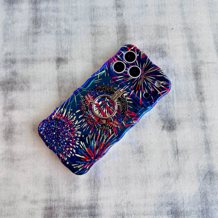 USA Fireworks patriotic pattern MagSafe phone grip ring with red white and blue fireworks on black background compatible with iPhone and Samsung