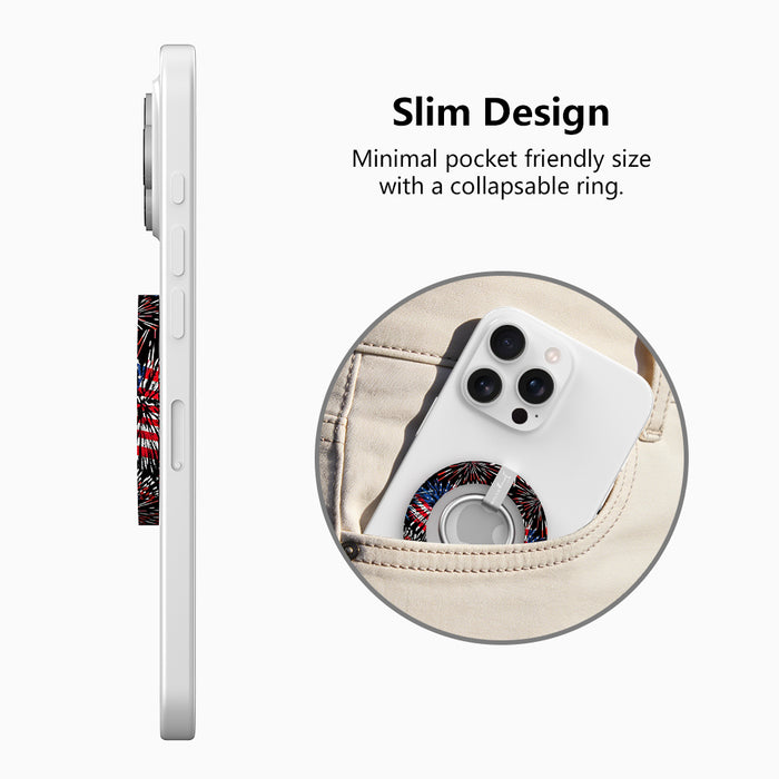 USA Fireworks patriotic pattern MagSafe phone grip ring with red white and blue fireworks on black background compatible with iPhone and Samsung