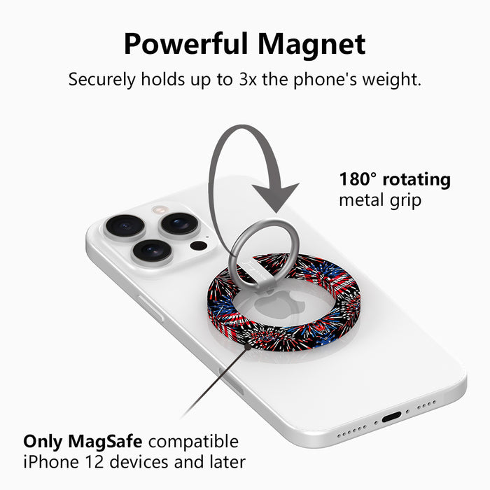 USA Fireworks patriotic pattern MagSafe phone grip ring with red white and blue fireworks on black background compatible with iPhone and Samsung