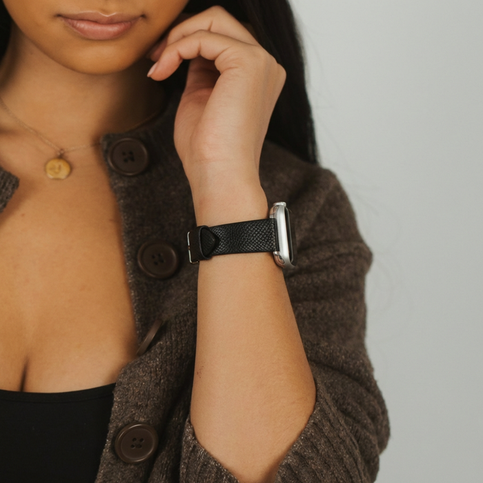 PU Leather Black Watch Strap studio shoot with model showing watch strap on her wrist