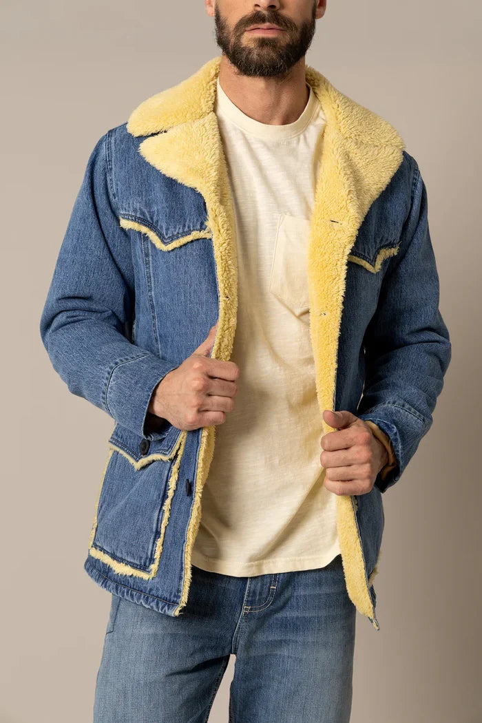 Kimes Ranch sherpa denim jacket, blue with yellow fleece trim, open front