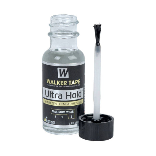 A 0.5 fl oz bottle of Perfect Locks Walker Ultra Hold Glue with cap and brush applicator, labeled "Maximum Wear" for extensions.