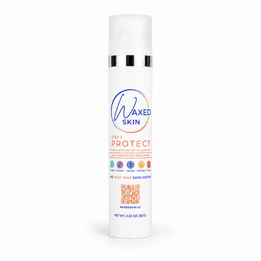 WAXEDSKIN Step 5 Protect Sheer Lightweight Brightening Broad Spectrum SPF 50 Sunscreen bottle on white background