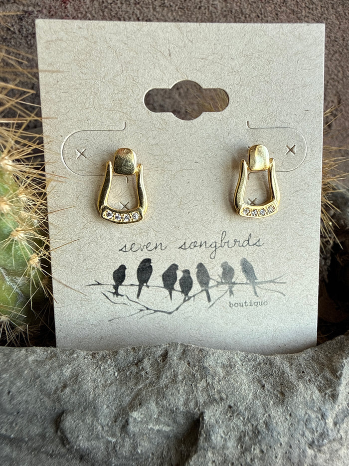 Western stirrup earrings in 14K gold over sterling with row of clear stones