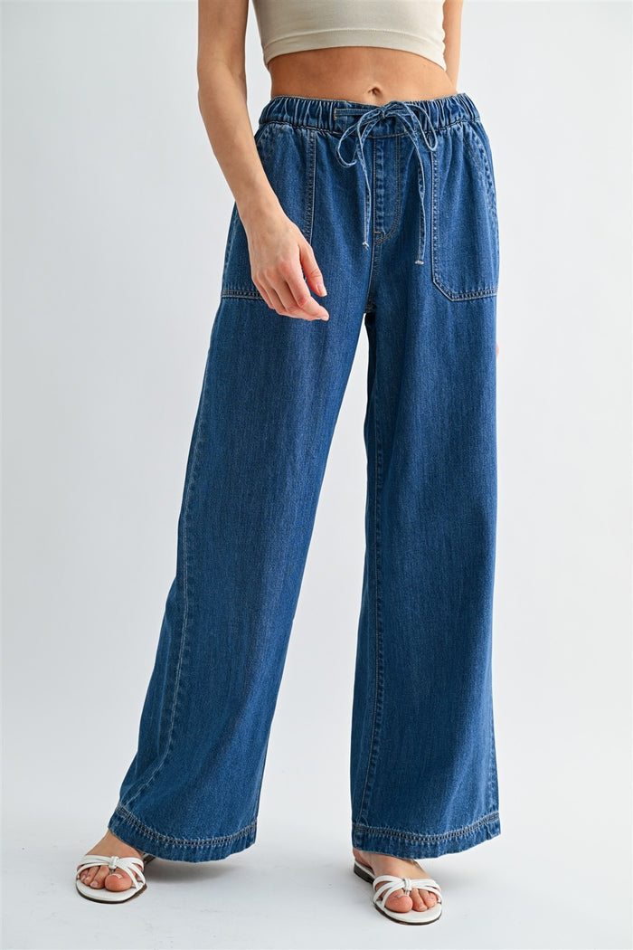 Mica wide-leg tie-waist jeans in blue denim, front view with elastic waistband and pockets