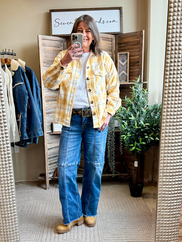 Yellow plaid shacket with button closure and side pockets